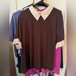 Brown Blouse with White Collar and Pleated Sleeves